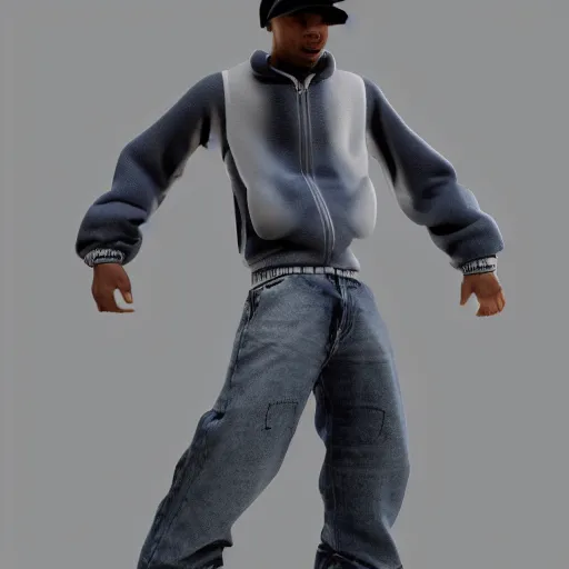 Prompt: hip hop, y2k, late 90s, early 2000s baggy 3d character model render, detailed, white background, 4k