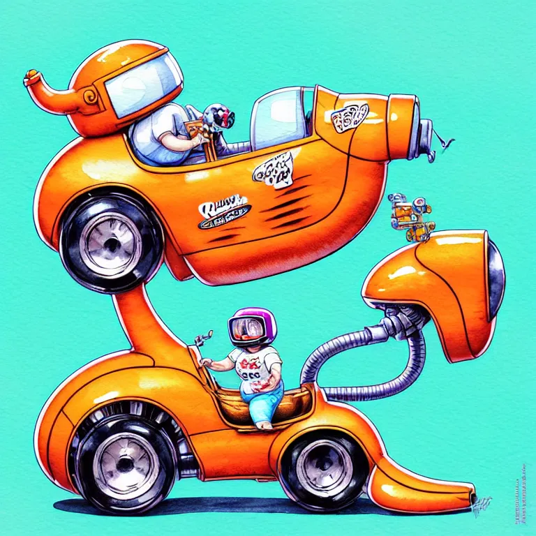 Image similar to cute and funny, pawg wearing a helmet riding in a tiny hot rod with an oversized engine, ratfink style by ed roth, centered award winning watercolor pen illustration, isometric illustration by chihiro iwasaki, edited by range murata, tiny details by artgerm and watercolor girl, symmetrically isometrically centered, sharply focused