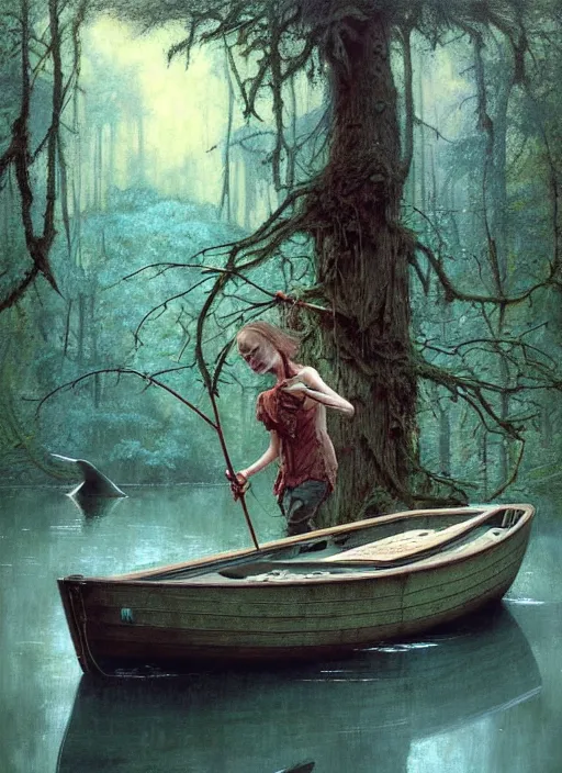 Image similar to boat in the woods by a river gorgeous lighting, lush forest foliage blue sky a hyper realistic painting by chiara bautista and beksinski and norman rockwell and greg rutkowski, tom bagshaw weta studio, and lucasfilm