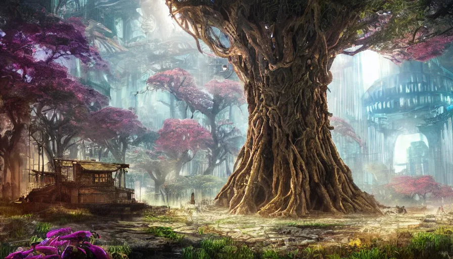 Image similar to ben lo illustration of the largest tree in the world inside rapture, bioshock concept art, solarpunk, hopeful, colorful, flowers, deity, unreal engine, hyper realism, realistic shading, cinematic composition, realistic render, octane render, detailed textures, photorealistic, wide shot