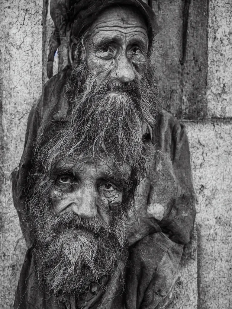 Prompt: High-resolution image. A portrait of an aged mushroom seller with a haunted expression and a wrinked gaunt face and large unkempt beard. Deep shadows and highlights. /2.8 or f/4. ISO 1600. Shutter speed 1/60 sec. Lightroom.