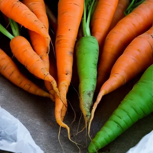 Prompt: photo carrots in a plastic bag with a paper towel inside,