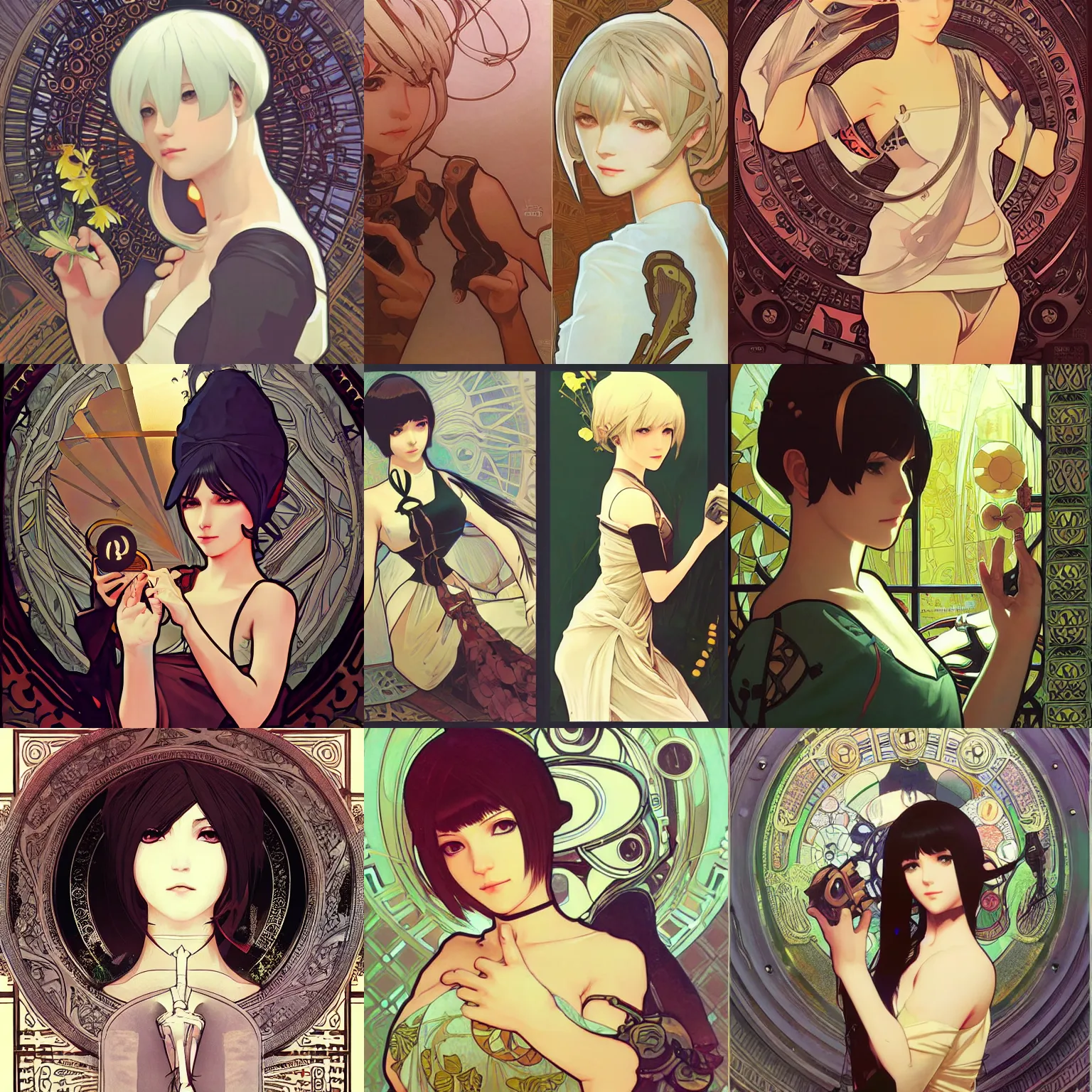 Prompt: nier automata, alphonse mucha, ilya kuvshinov