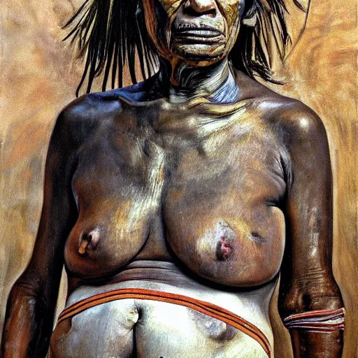 Image similar to high quality high detail painting by lucian freud and jenny saville, hd, full body of a indigenous tribe leader, photorealistic lighting