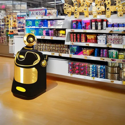 Image similar to maximalist gold convenience store robo - cashier