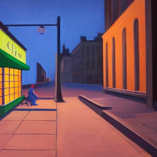 Image similar to a lonely street at night with a sad man in a jacket sitting on the street, in the style of Edward Hopper, 4K,