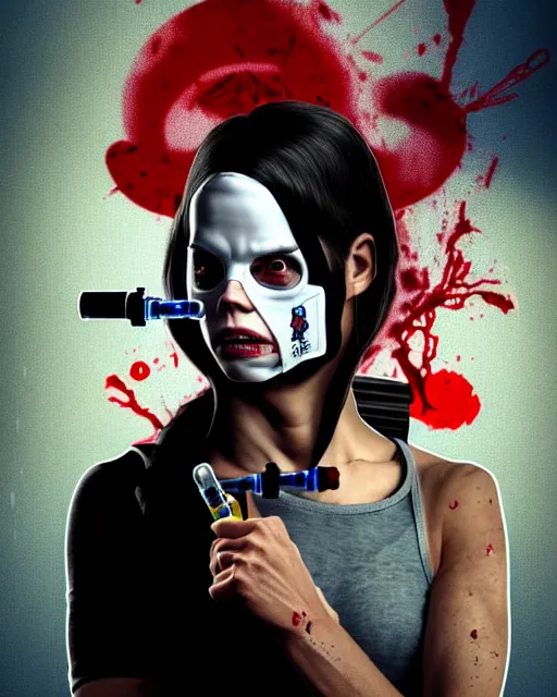 Image similar to a rogue agent wearing oxygen mask, has blood, rose, a pistol and a syringe needle with sea background intricate details with horror side profile by Sandra Chevrier in 8k render dramatic light