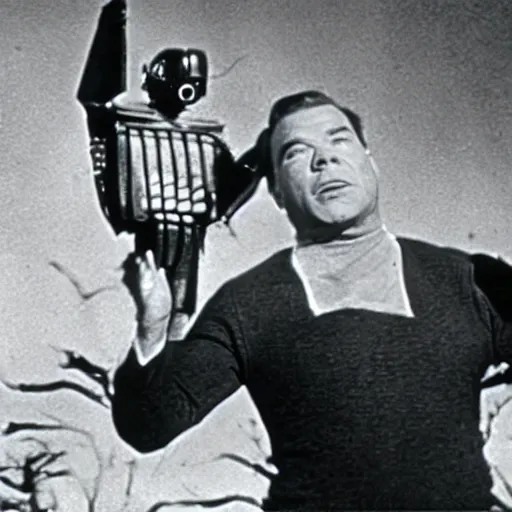 Prompt: still from a 1950s B horror movie starring William Shatner