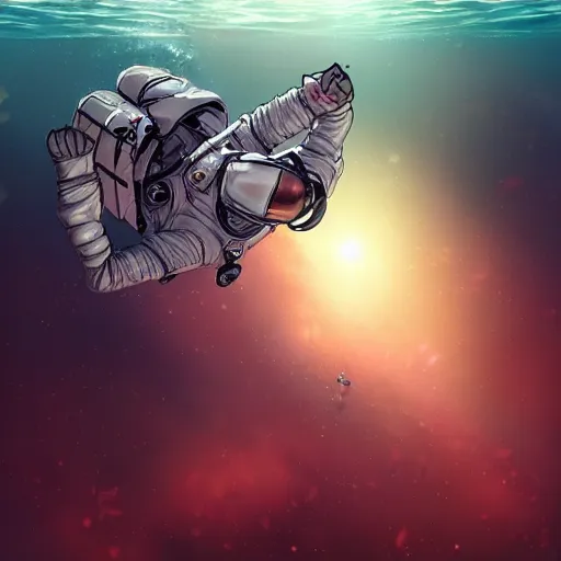 Prompt: an astronaut floating horizontally in the middle of deep underwater being hit by sun rays, trending on art station, atmosphere, concept art, photo realistic, high detailed