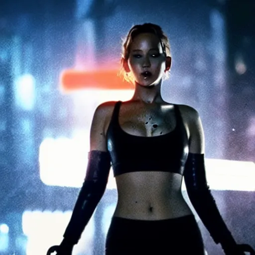 Prompt: jennifer lawrence in a cyberpunk movie in a distopic futuristic city in the style of bladerunner, wearing a cropped black tank top, sexy black shorts and black boots, firing a gun, muzzle flash, movie still, highly detailed, rainy night, volumetric lights, studio lighting, intense, scifi, sharp focus, red color scheme