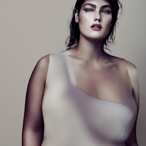 Image similar to a muted colors natural make-up portrait Photograph of a plus-size model, editorial story, Vogue France, editorial photographer by Peter Gehrke