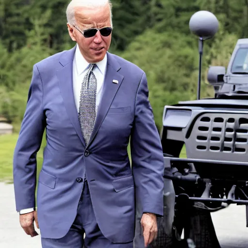 Prompt: Joe Biden carrying a Jeep mounted rifle, AP photography, full body shot, dynamic pose