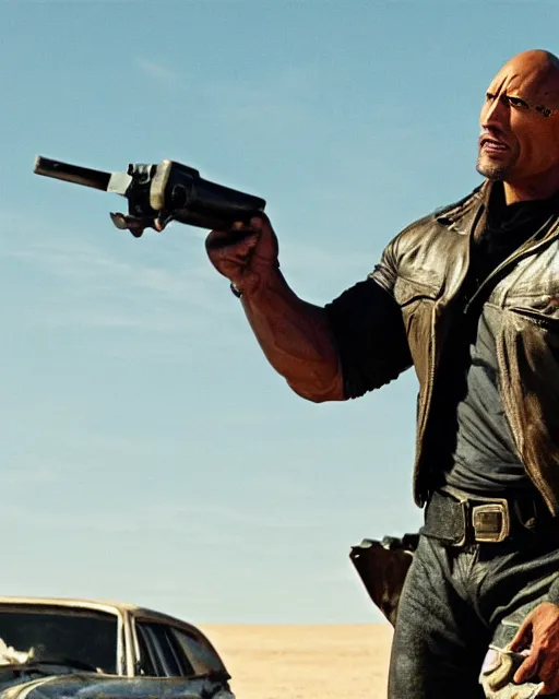 Image similar to film still close up shot of dwayne johnson as max rockatansky in the movie mad max. photographic, photography