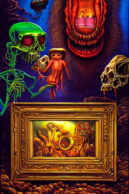 Image similar to a hyperrealistic painting of a lost treasure found being guarded by monstrosity, cinematic horror by jimmy alonzo, the art of skinner, chris cunningham, lisa frank, richard corben, highly detailed, vivid color,