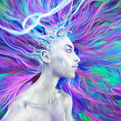 Prompt: glitch art humanoid with flowing hair floating in white space, long shot photography, full body, detailed hyperrealistic concept art illustration, smeared acrylic paint