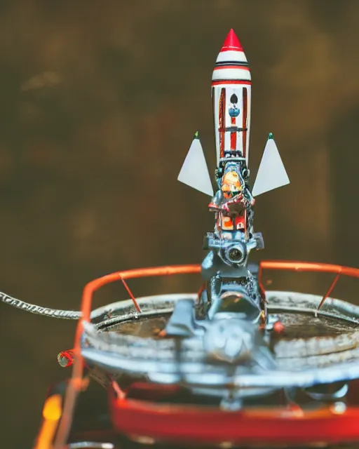 Prompt: high quality presentation photo of a detailed retro tin toy rocket ship, photography 4k, f1.8 anamorphic, bokeh, 4k, Canon, Nikon