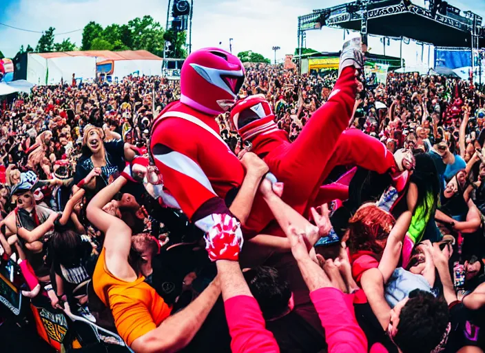 Image similar to photo still of putties from power rangers at the vans warped tour!!!!!!!! at age 3 6 years old 3 6 years of age!!!!!!!! stage diving into the crowd, 8 k, 8 5 mm f 1. 8, studio lighting, rim light, right side key light