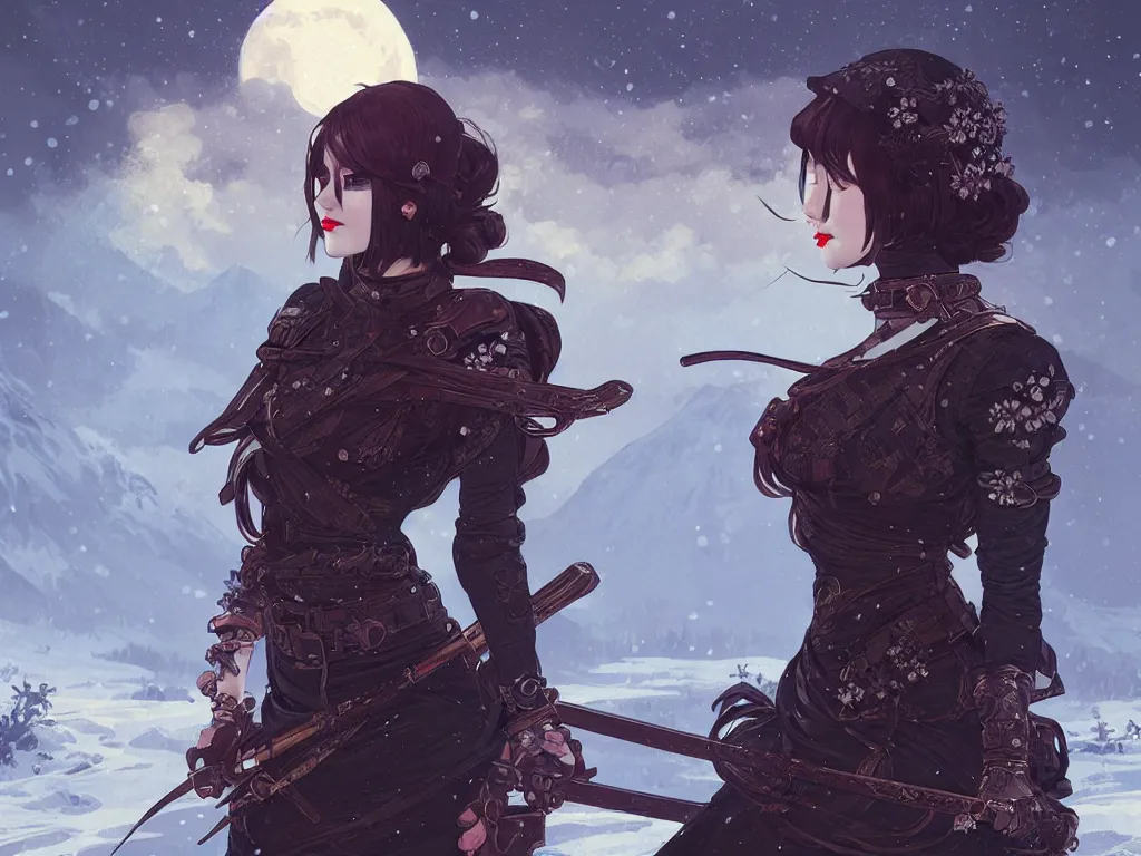 Image similar to portrait ninja gaiden girl, dieselpunk wardrobe, at snowy fuji mountain moonlight, fantasy, intricate and very beautiful and elegant, highly detailed, digital painting, artstation, concept art, smooth and sharp focus, cg by tian zi and wlop and alphonse mucha