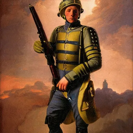 Prompt: Sci-fi soldier in neoclassical style by Johan Zoffany, highly detailed