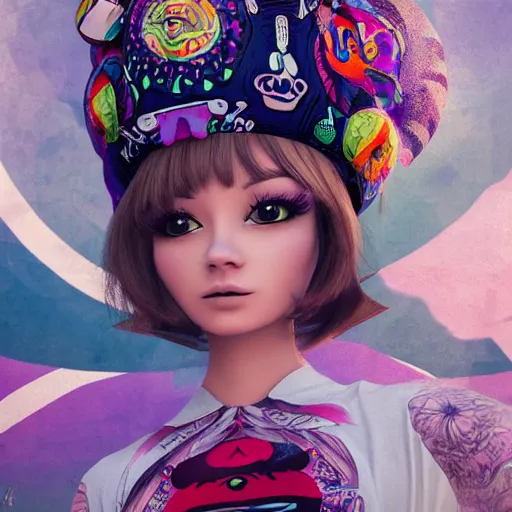 Prompt: kawaii puerto rican goddess chilling out at the skatepark wearing a bespoke headdress designed by emma yeo, inspired by cameron gray, wlop, stanley kubrick, masamune, hideki anno, jamie hewlett, unique perspective, trending on artstation, 3 d render, vivid