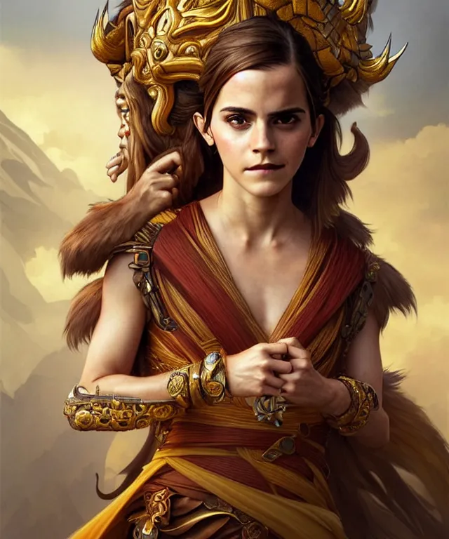 Prompt: Emma Watson as a monkey king, sci-fi, amber eyes, face, long hair, fantasy, intricate, elegant, highly detailed, digital painting, artstation, concept art, smooth, sharp focus, illustration, art by artgerm and greg rutkowski and alphonse mucha