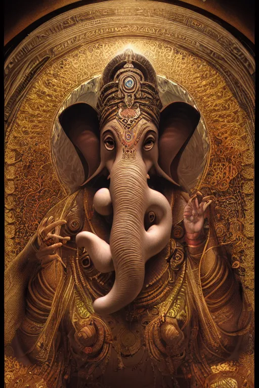 Prompt: ultrarealistic portrait of a cosmic ganesh, mandala, detailed digital matte painting, dark atmosphere, by h. r. giger and alphonse mucha, octane render, cgi