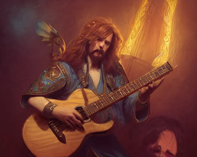 Image similar to photography of bard in a band shirt playing an electric guitar at a tavern concert, 8 k, deep focus, d & d, fantasy, intricate, elegant, highly detailed, digital painting, artstation, concept art, matte, sharp focus, illustration, hearthstone, art by artgerm and greg rutkowski and alphonse mucha