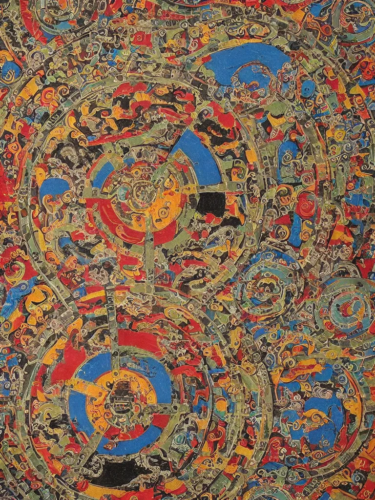 Image similar to Industrial, toxic, ravaged, apocalyptic land. Tibetan wheel of life Thangka.