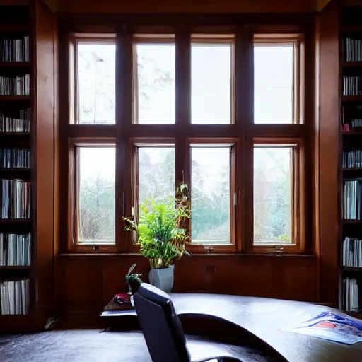 Image similar to a peaceful room with a desk and bookshelves, calm and serene, with rain visible through the windows of the room.