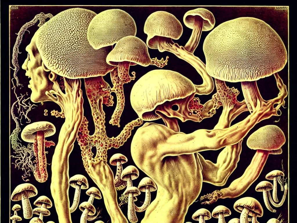 Image similar to human eating yourself with mushrooms, neo surrealism, art by ernst haeckel