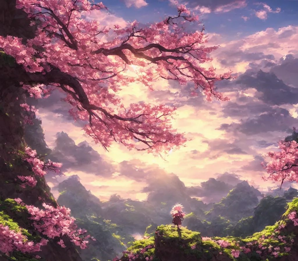 Image similar to sakura blossom in the mountains, stunning, extraordinary, made in abyss style, epic sunset, detailed, dynamic scene