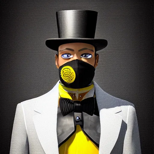 Image similar to a highly detailed portrait of a man in a high top hat covering his face, in a black tailcoat with a yellow waistcoat under the tailcoat, artstation, deviantart, professional, unreal engine 5, photorealistic