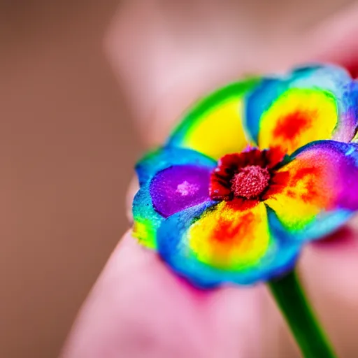 Image similar to closeup photo of rainbow - colored flower with 7 petals, held by hand, shallow depth of field, cinematic, 8 0 mm, f 1. 8