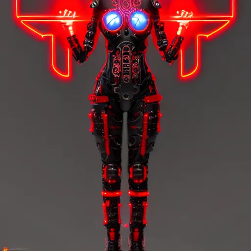 Image similar to cybernetic female warrior with glowing red heaphones and glowing red intricate sigils of death covering her body, intricate detail, finely detailed, small details, extra detail, trending on artstation, high resolution, 3D