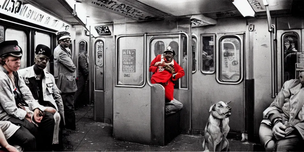 Image similar to new york subway cabin 1 9 8 0 s inside all in graffiti, policeman with the dog closeup, black guy in a red beret, coloured film photography, christopher morris photography, bruce davidson photography