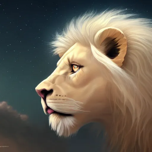 Image similar to a beautfiul aesthetic commission portrait of a anthro albino lion looking at the sky worried,attractive beautiful face,detailes face,expression,natural lighting,fantasy art,deviantart,artstation,character design by charles bowater,ross tran,4k,photorealistic