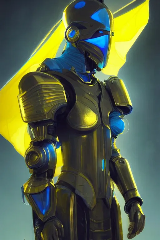 Image similar to cyberpunk knight modern technology, blue and yellow flags, realistic portrait full body, symmetrical, highly detailed, digital painting, artstation, concept art, smooth, sharp focus, illustration, cinematic lighting, art by artgerm and greg rutkowski and alphonse mucha