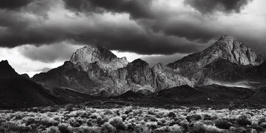 Prompt: landscape photography by ansel adams psychedelic, tall mountains, dramatic lighting, raining, colourful, stunning