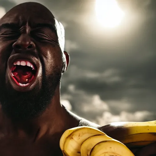 Prompt: big angry black maneating bananas in the hood, 8k resolution, full HD, cinematic lighting, award winning, anatomically correct