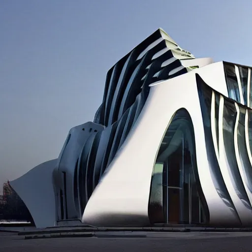 Prompt: architecture in the style of zaha hadid made by beavers