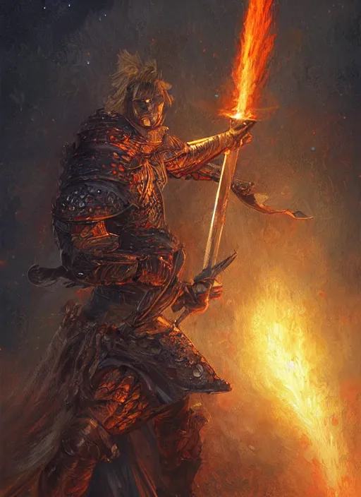 Prompt: character illustration of a knight wielding a flaming sword, night sky, intricate, highly detailed, digital painting, artstation, illustration, sharp focus, Dungeons and Dragons art, art by ralph horsley and greg rutkowski