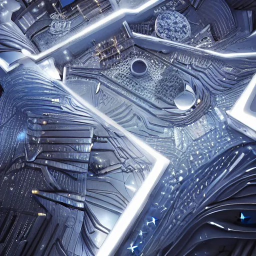 Image similar to sci-fi motherboard wall structure and stars points cloud in the middle, unreal engine 5 lumen global illumination, keyshot render, octane render, artstation trending, ultra high detail, ultra realistic, cinematic lighting, 8k, 16k, in style of zaha hadid, blade runner 2049 lighting color, ultra high contrast, dark shadows, tilt shift,