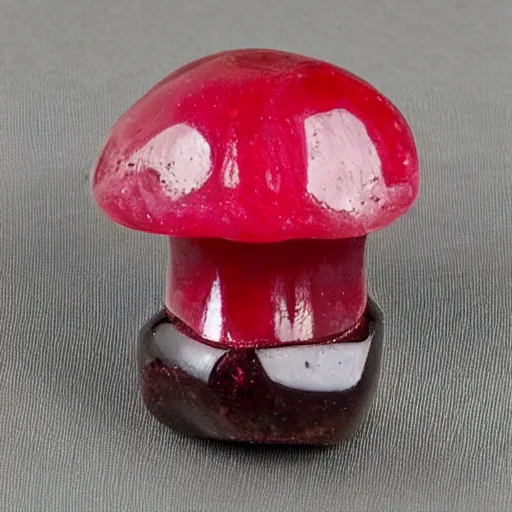 Image similar to a cut ruby gemstone in the shape of a mushroom, high detail