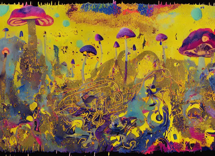 Prompt: expressionistic decollage painting golden armor alien zombie horseman riding on a translucent bone dragon broken rainbow diamond maggot horse in a blossoming meadow full of colorful mushrooms and golden foil toad blobs in a golden sunset, distant forest horizon, painted by Adrian Ghenie, Helen Frankenthaler, Danny Fox and Hilma af Klint, pixelated, semiabstract, color field painting, byzantine art, voxel art, pop art look, naive, outsider art. Mark Rothko painting, part by Philip Guston and Frank Stella art by Barnett Newman, 8k, extreme detail, intricate detail, masterpiece