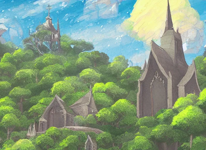 Image similar to view of a catholic church on a forested mountain, in the style of studio ghibli, distant, detailed, artstation, award winning painting,