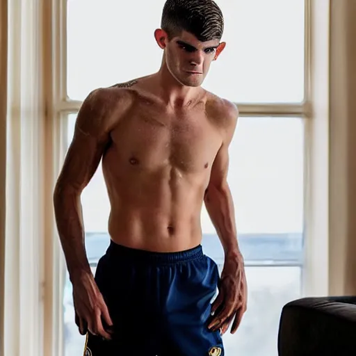 Image similar to a realistic detailed photo of a guy who is an attractive humanoid who is half robot and half humanoid, who is a male android, soccer player christian pulisic, shiny skin, posing like a statue, blank stare, in a living room, on display, showing off his muscles