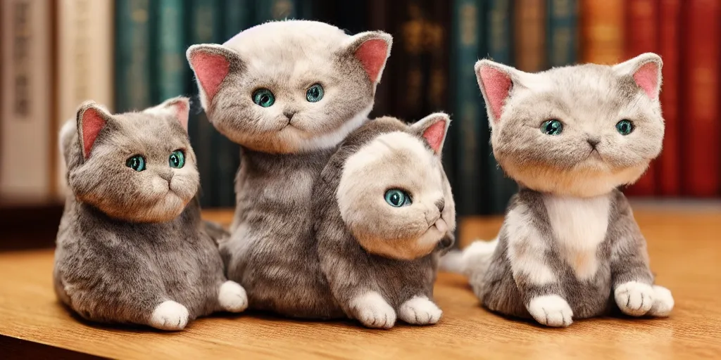 Image similar to 3 d precious moments plush cat with realistic fur sitting with precious moments hawthorned village porcelain figures, master painter and art style of john william waterhouse and caspar david friedrich and philipp otto runge