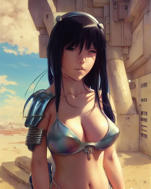 Image similar to portrait Anime Girl in bikini armor cute-fine-face, pretty face, realistic shaded Perfect face, fine details. Anime. Warhammer, futuristic, cyberpunk realistic shaded lighting by katsuhiro otomo ghost-in-the-shell, magali villeneuve, artgerm, rutkowski Jeremy Lipkin and Giuseppe Dangelico Pino and Michael Garmash and Rob Rey