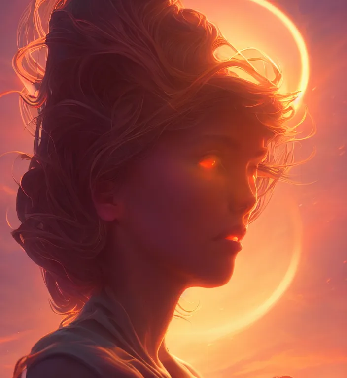 Image similar to centered waist up portrait photography an angel + glowing outlines, bokeh + DOF + 8k, photorealistic + rendered in unreal engine + composition by Peter Mohrbacher + line work by Dan Mumford , ultra realistic + backlit + strong rimlight, sunset + HDRI, HD, Photoreal