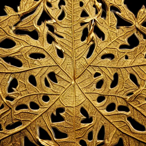 Prompt: Intricate fantasy leaf, encrusted with jewels, gilded gold, detailed veins, sharp focus, octane render, high quality, 8k, volumetric lighting, on black background
